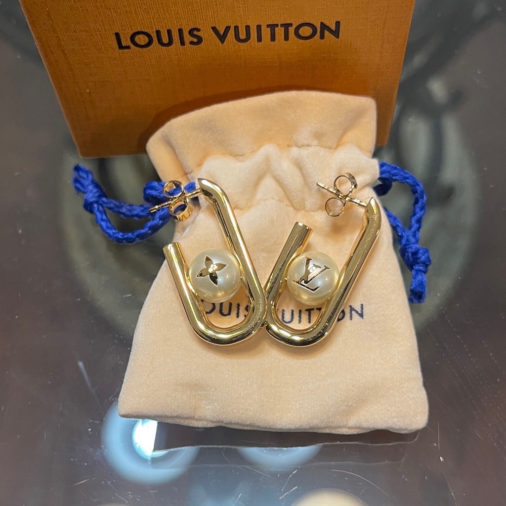 Louis Vuitton Gold Hoop Earrings with Pearl Accents